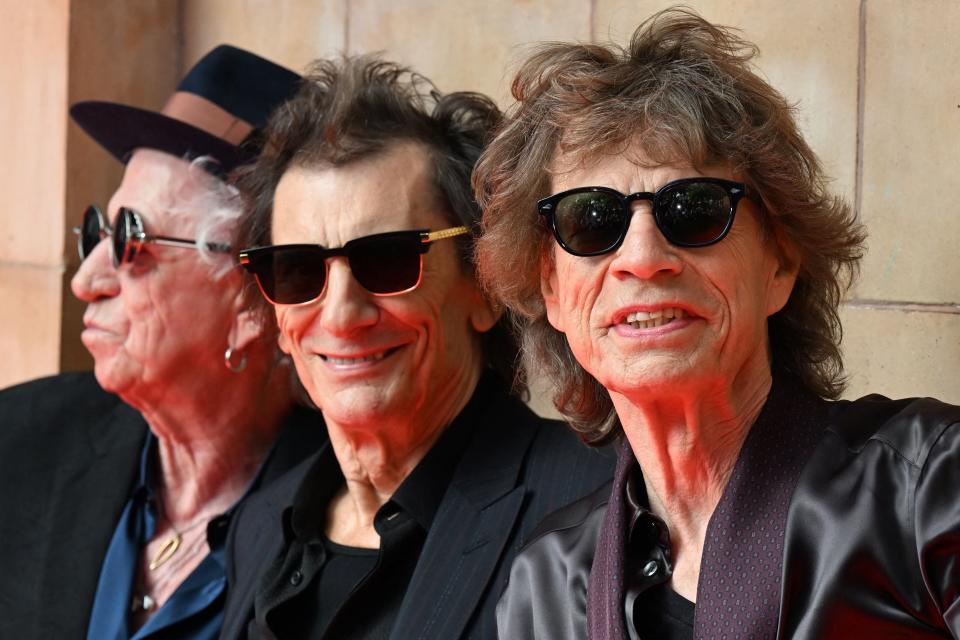 Keith Richards, Ron Wood and Mick Jagger of legendary British rock band The Rolling Stones pose as they arrive to attend a launch event for their new album, "Hackney Diamonds," at Hackney Empire in London on Sept. 6, 2023, their first album of original material since 2005.