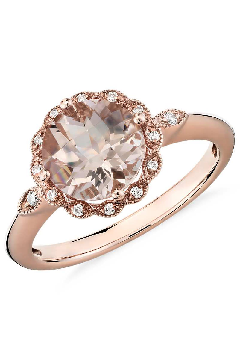 <p><em><a rel="nofollow noopener" href="https://www.bluenile.com/morganite-ring-pave-diamond-14k-rose-gold_57136?elem=img&track=product&vtype=sample" target="_blank" data-ylk="slk:Morganite and Diamond Milgrain Halo Ring;elm:context_link;itc:0;sec:content-canvas" class="link ">Morganite and Diamond Milgrain Halo Ring</a>, BLUE NILE, $770</em></p>