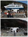 A combination photograph shows the same location in Otsuchi, Iwate Prefecture, northeastern Japan on two different dates, April 17, 2011 (top) and February 18, 2012 (bottom). The top photograph shows people taking pictures of a ship that was washed onto a building by the magnitude 9.0 earthquake and tsunami, the bottom photograph shows the same location almost a year later. REUTERS/Toru Hanai