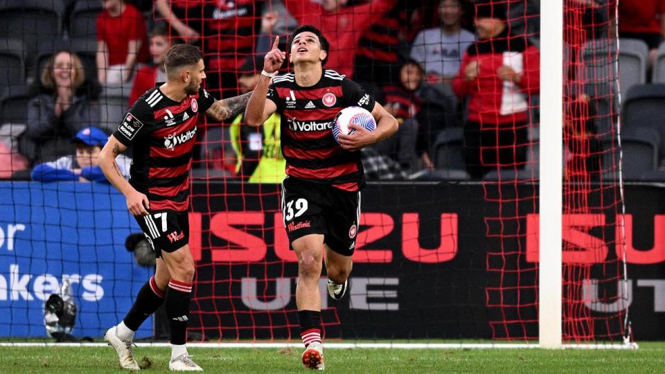 Marcus Younis celebrates scoring for Western Sydney v Melbourne City.