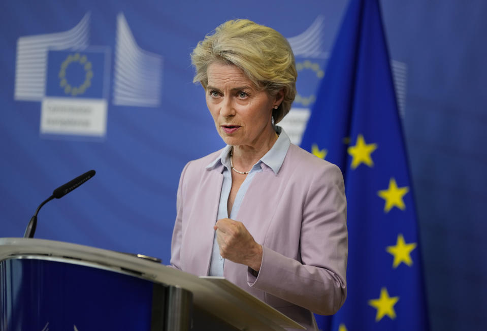 European Commission President Ursula von der Leyen speaks during a media conference at EU headquarters in Brussels, Wednesday, Sept. 7, 2022. European Union countries should set a price cap on Russian gas and seek "solidarity contribution" from European oil and gas companies making extraordinary profit from market volatility sparked by the war in Ukraine, European Commission President Ursula von der Leyen said Wednesday. (AP Photo/Virginia Mayo)