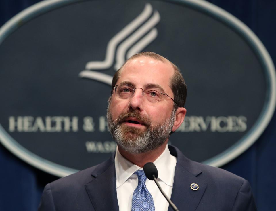 HHS Secretary Alex Azar speaks about the coronavirus during a press briefing on the administration's response to COVID-19 at the Department of Health and Human Services headquarters on Tuesday in Washington, DC. (Mark Wilson via Getty Images)