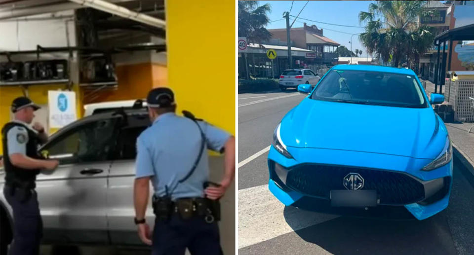 Police break into a car in a car park with a child inside (left) and a blue car on a street with a dog inside (right)