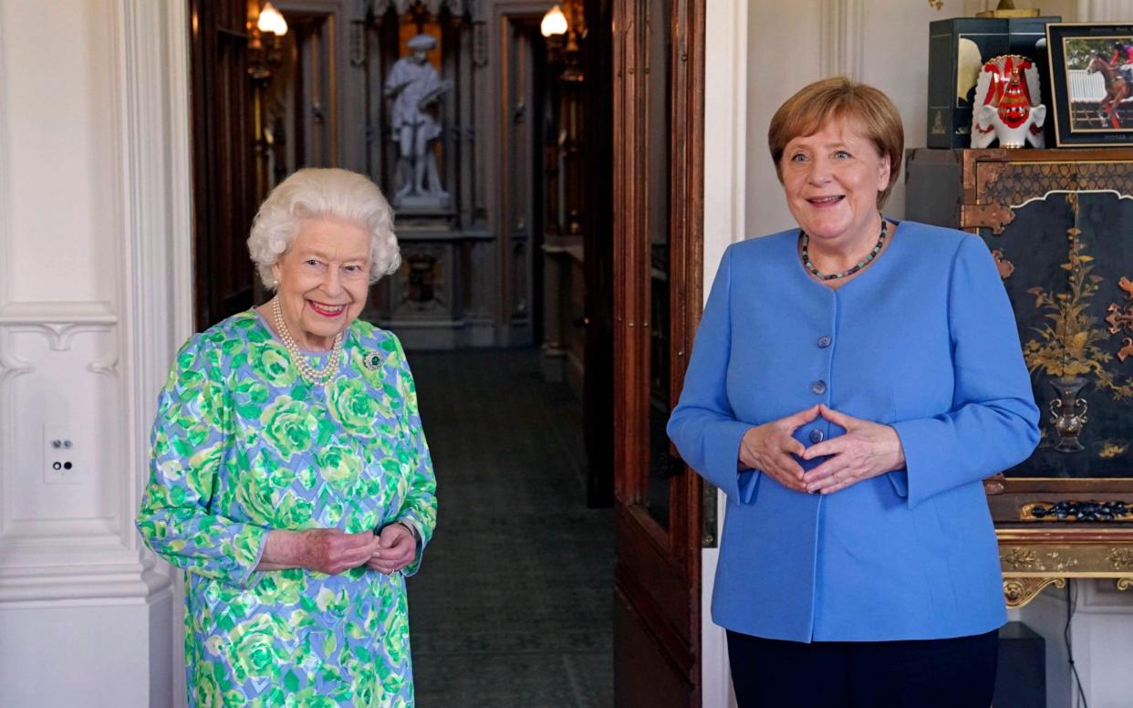 The Queen meets German Chancellor Angela Merkel at Windsor Castle on 2 July 2021 - Steve Parsons/Pool PA