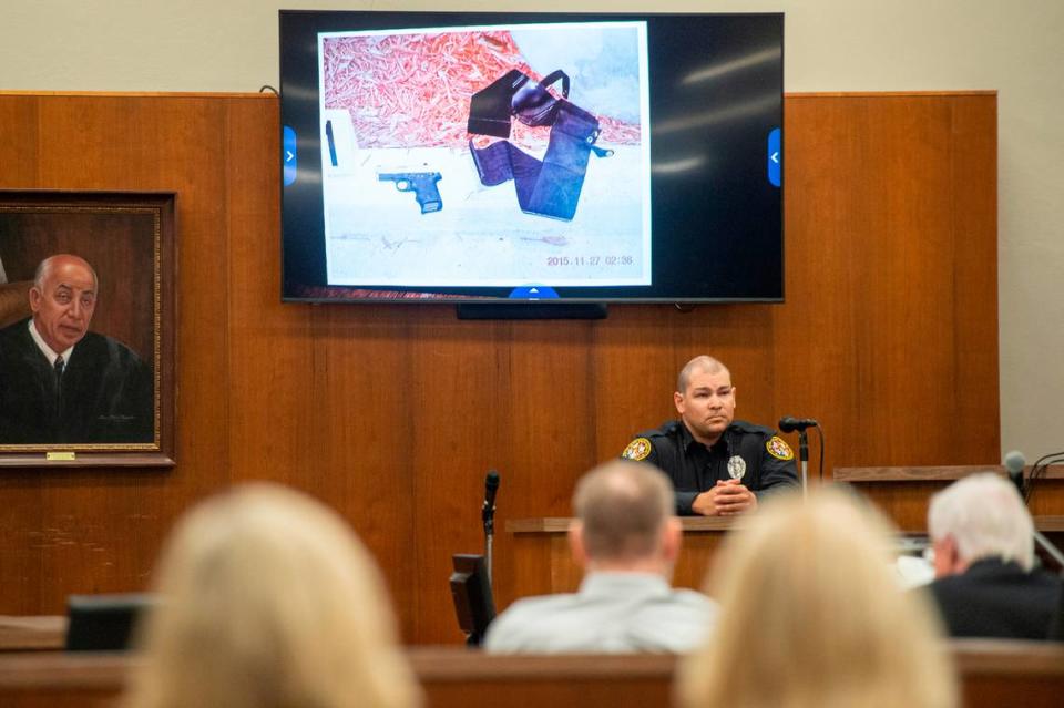 Evidence showing the gun Mount was allegedly carrying is shown during day one of the trial of Johnny Max Mount for the 2015 murder of Julie Brightwell in Harrison County Court in Biloxi on Tuesday, June 13, 2023.