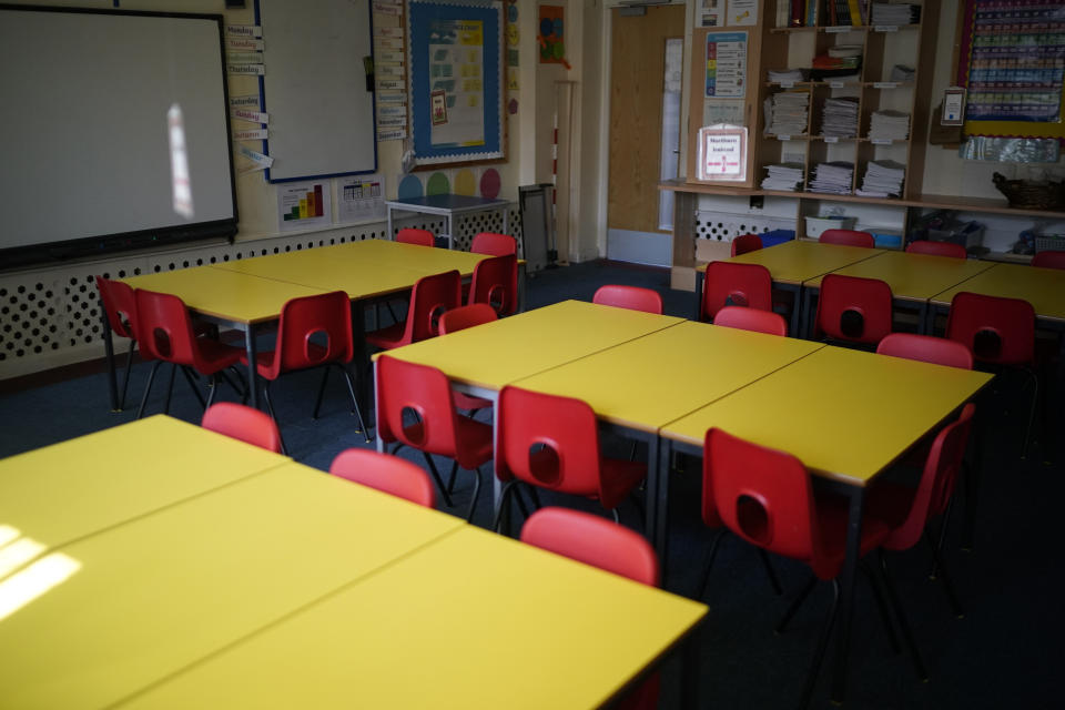 ALTRINCHAM, ENGLAND - APRIL 08:  A classroom lays dormant at Oldfield Brow Primary School during the coronavirus lockdown on April 08, 2020 in Altrincham, England. The government announced the closure of UK schools from March 20 except for the children of key workers, such as NHS staff, and vulnerable pupils, such as those looked after by local authorities. The prime minister has said schools will remain closed "until further notice," and many speculate they may not reopen until next term. (Photo by Christopher Furlong/Getty Images)