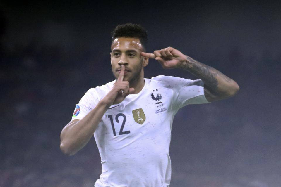 France's Corentin Tolisso celebrates after scoring the opening goal of his team during the Euro 2020 group H qualifying soccer match between Albania and France at Arena Kombetare stadium in Tirana, Sunday, Nov. 17, 2019. (AP Photo/Hektor Pustina)