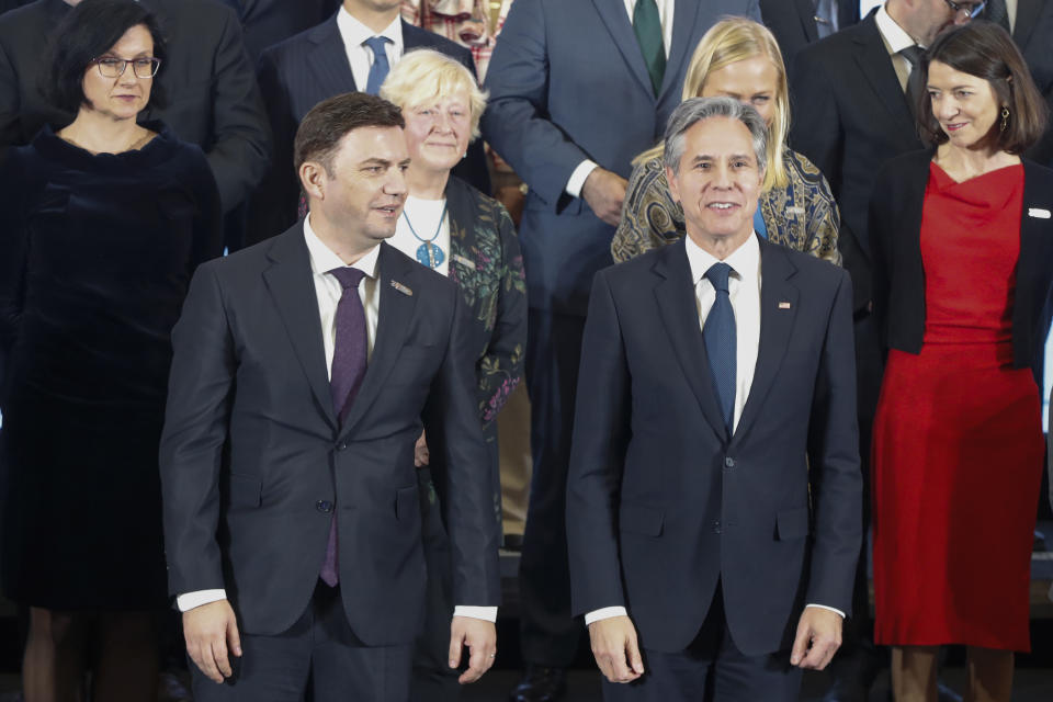 U.S. Secretary of State Antony Blinken, front row right and North Macedonia's Foreign Minister Bujar Osmani, front row left, pose for a family photo with foreign ministers and officials of OSCE (Organization for Security and Co-operation in Europe) member countries, during a meeting in Skopje, North Macedonia, on Wednesday, Nov. 29, 2023. (AP Photo/Boris Grdanoski)