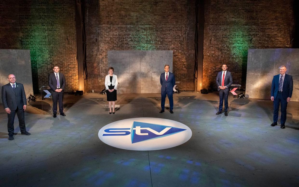 The five leaders of Scotland's main political parties Patrick Harvie (co-leader of the Scottish Green Party), Willie Rennie (Scottish LibDems), Douglas Ross (Scottish Tories), Anas Sarwar (Scottish Labour) and Nicola Sturgeon (Scottish National Party) -  STV / Kirsty Anderson