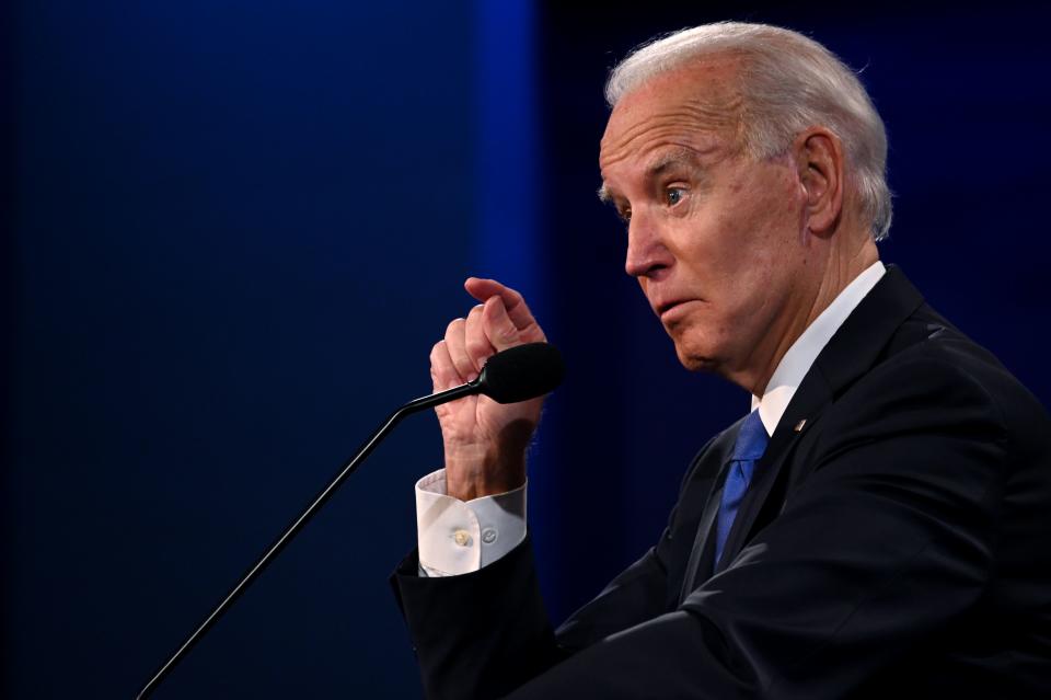 Democratic Presidential candidate and former US Vice President Joe Biden gestures as he speaks during the final presidential debate at Belmont University in Nashville, Tennessee, on October 22, 2020. (Photo by JIM WATSON / AFP) (Photo by JIM WATSON/AFP via Getty Images)