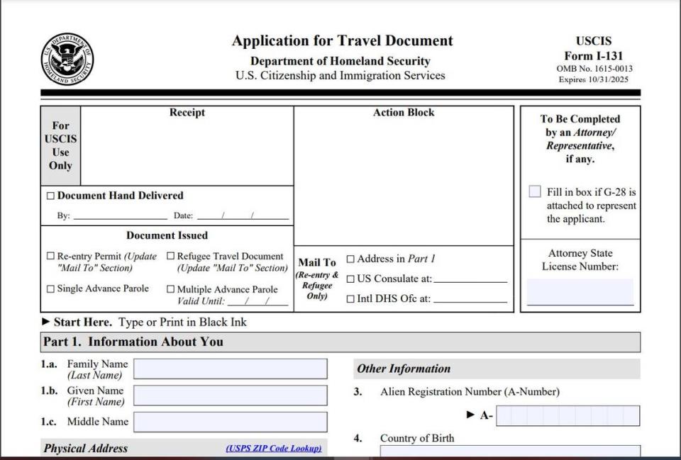 Formulario I-131, Solicitud de documento de viaje.