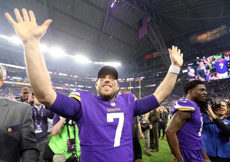 Jan 14, 2018; Minneapolis, MN, USA; Minnesota Vikings quarterback Case Keenum (7) celebrates after the NFC Divisional Playoff football game against the New Orleans Saints at U.S. Bank Stadium. Mandatory Credit: Brace Hemmelgarn-USA TODAY Sports