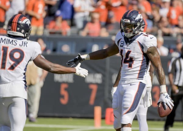 Denver Broncos wide receiver Courtland Sutton totaled eight receiving touchdowns through 12 weeks. File Photo by Mark Black/UPI