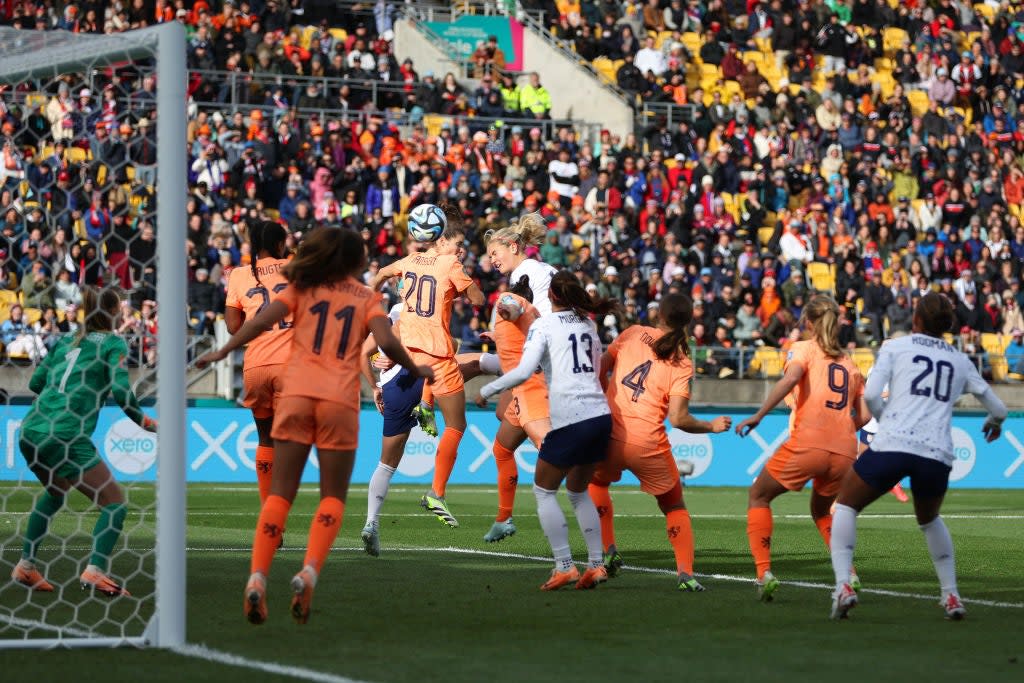 Lindsey Horan flicks in a header from a Rose Lavelle corner to make the match 1-1 (Getty Images)