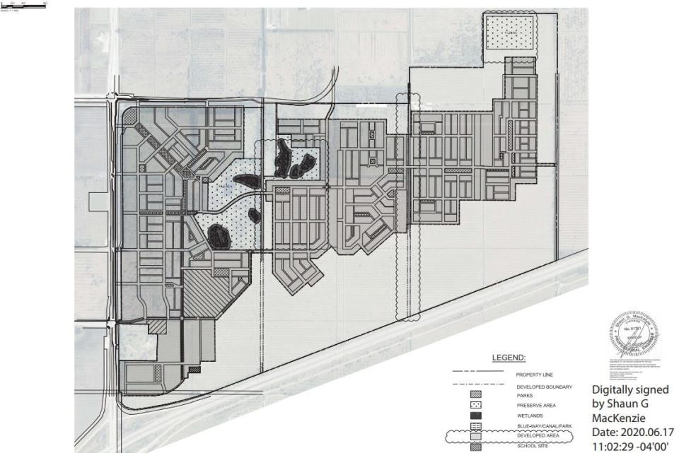 This development plan, drawn by MacKenzie Engineering, was submitted June 17, 2020, as part of a proposal to develop 834 acres with about 2,600 homes, commercial and retail space on the southeast side of Interstate 95 and Indrio Road within the Towns, Villages and Countryside planning boundary.