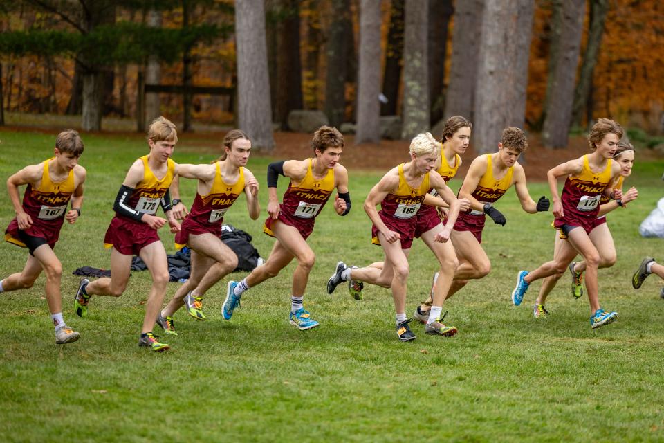 A dominant Ithaca team races off the starting line for the 4 Class A boys cross country championship Nov. 2, 2023 at Chenango Valley State Park.
