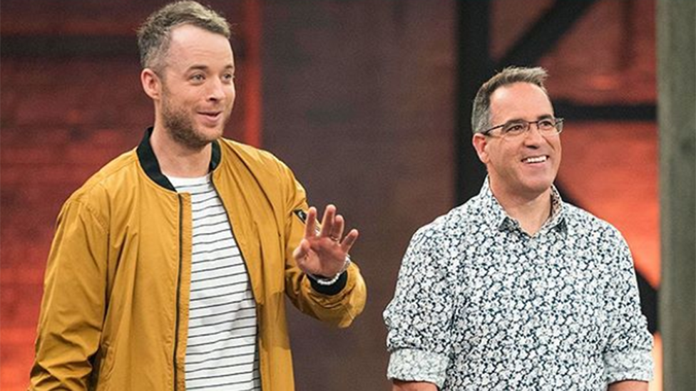 Lego Masters host Hamish Blake with judge Ryan ‘Brickman’ McNaught. Photo: Channel Nine