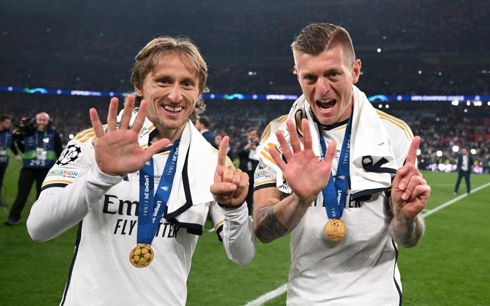 Luka Modric and Toni Kroos after winning the Champions League with Real Madrid