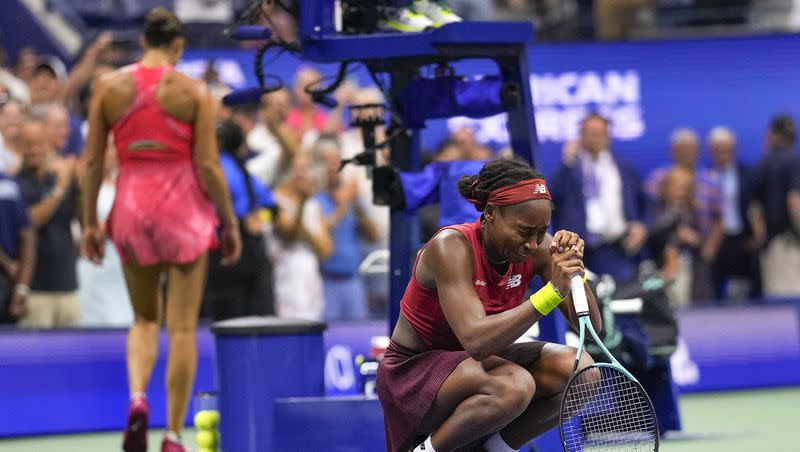 Coco Gauff, of the United States, reacts after defeating Aryna Sabalenka, of Belarus, in the women’s singles final of the U.S. Open tennis championships, Saturday, Sept. 9, 2023, in New York.