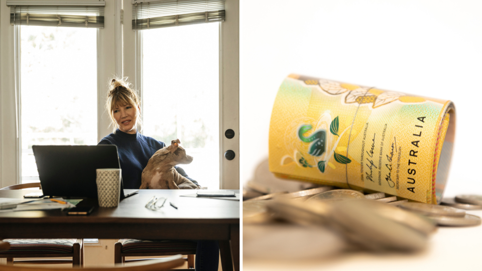 Woman sits in sunny home office with dog on her lap, close image of $50 notes and coins. 