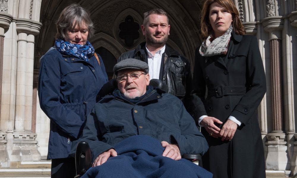 Noel Conway outside The Royal Courts of Justice with his wife Carol (left), stepson Terry McCusker and Sarah Wootton, CEO of Dignity in Dying.