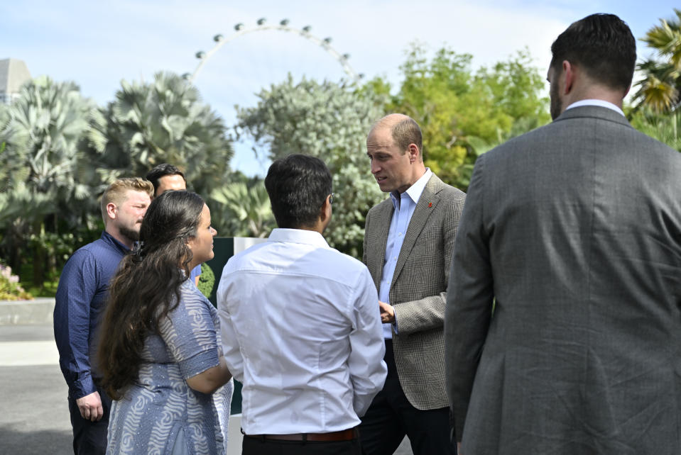 Britain's Prince William meets Earthshot Prize finalists at the famed Gardens by the Bay park in Singapore, Tuesday, Nov. 7, 2023. William is in Singapore for the annual The Earthshot Prize awards ceremony, the first to be held in Asia. William and his charity launched the global competition in 2020 to promote innovative solutions and technologies to combat global warming and protect the planet. (Caroline Chia/Pool Photo via AP)