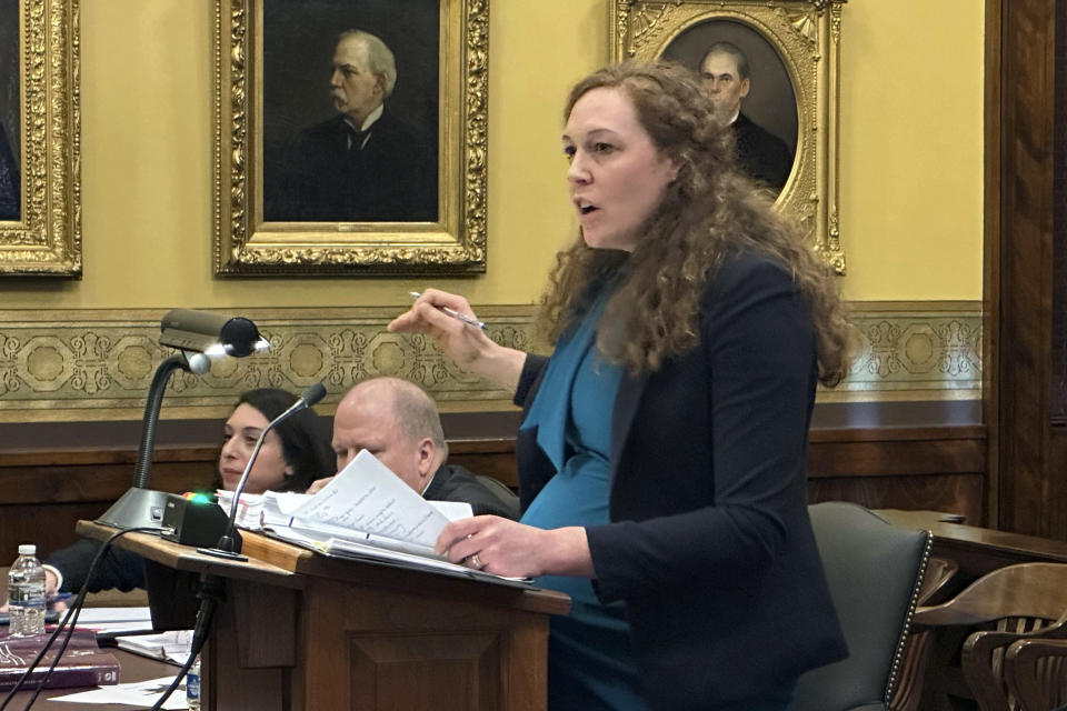 Missouri Deputy Solicitor General Maria Lanahan argues before the state Supreme Court on Thursday, Feb. 1, 2024, in Jefferson City Mo. Lanahan defended the state against a lawsuit seeking to force changes to the boundaries of some Missouri Senate districts. (AP Photo/David A. Lieb)