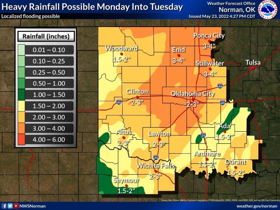 A map shows the heavy rain that fell upon the state Monday through Tuesday, with the Oklahoma City metro receiving between 2 to 3 inches and areas around Enid receiving up to 4 inches of rain. Storms were expected to continue across the state through Wednesday.