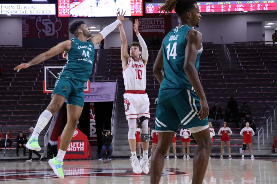 South Dakota guard A.J. Plitzuweit shoots a jumper against Coastal Carolina on Dec. 14, 2022.