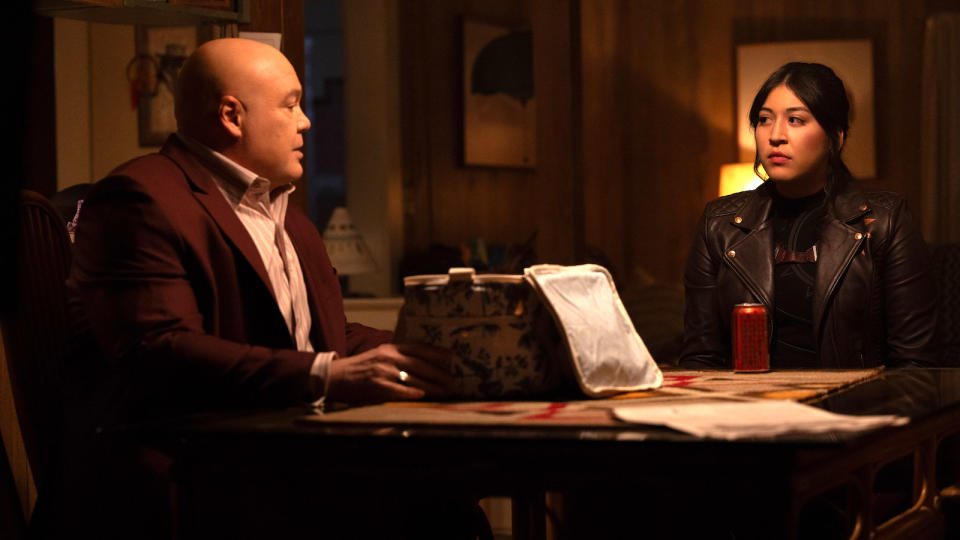 (L-R): Vincent D’Onofrio as Wilson Fisk/Kingpin and Alaqua Cox as Maya Lopez in Marvel Studios' ECHO, releasing on Hulu and Disney+. Photo by Chuck Zlotnick. © 2023 MARVEL.