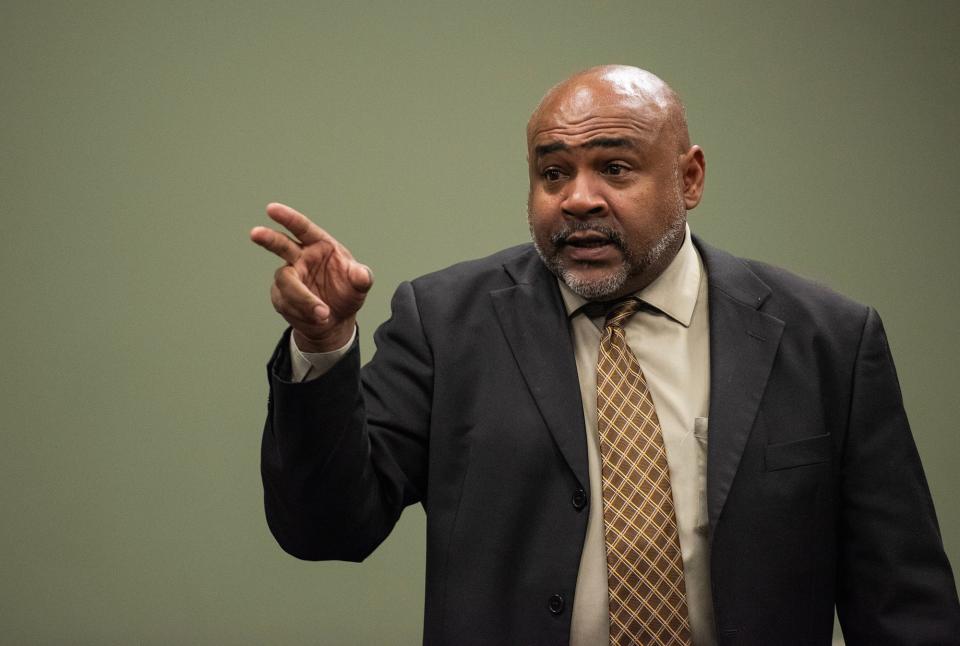 Attorney Terry Walker speaks during a town hall meeting about police brutality in Rankin County hosted by the Rankin County NAACP at the Brandon Public Library in Brandon on Tuesday.