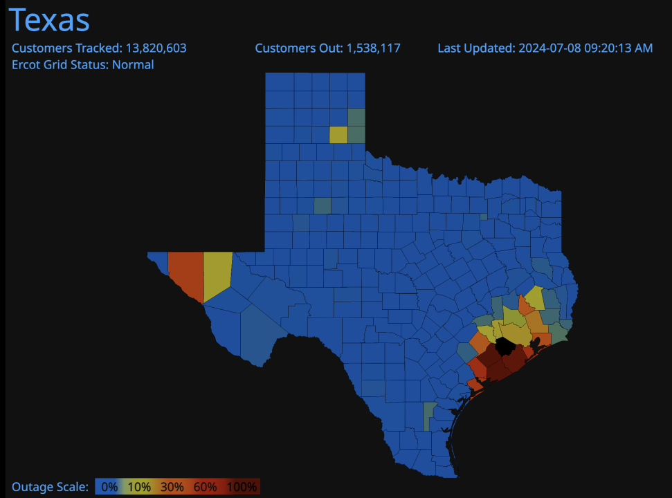 Beryl has caused widespread power outages in Texas. (PowerOutage.Us)