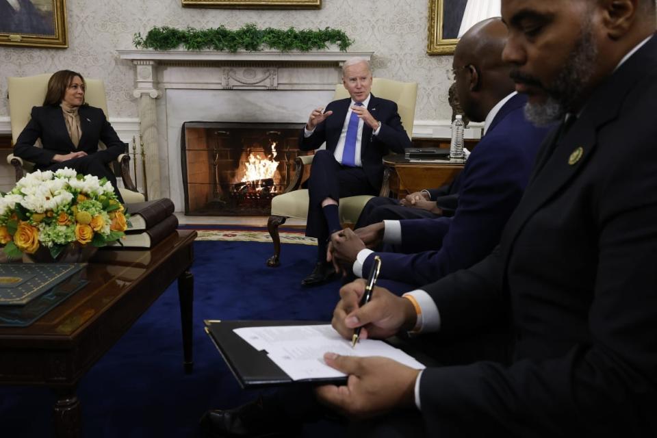 President Joe Biden and Vice President Kamala Harris host a meeting with members of the Congressional Black Caucus, including Sen. Raphael Warnock (D-Ga.) and Rep. Steven Horsford (D-Nev.), in the Oval Office at the White House on February 02, 2023 in Washington, D.C. (Photo by Chip Somodevilla/Getty Images)