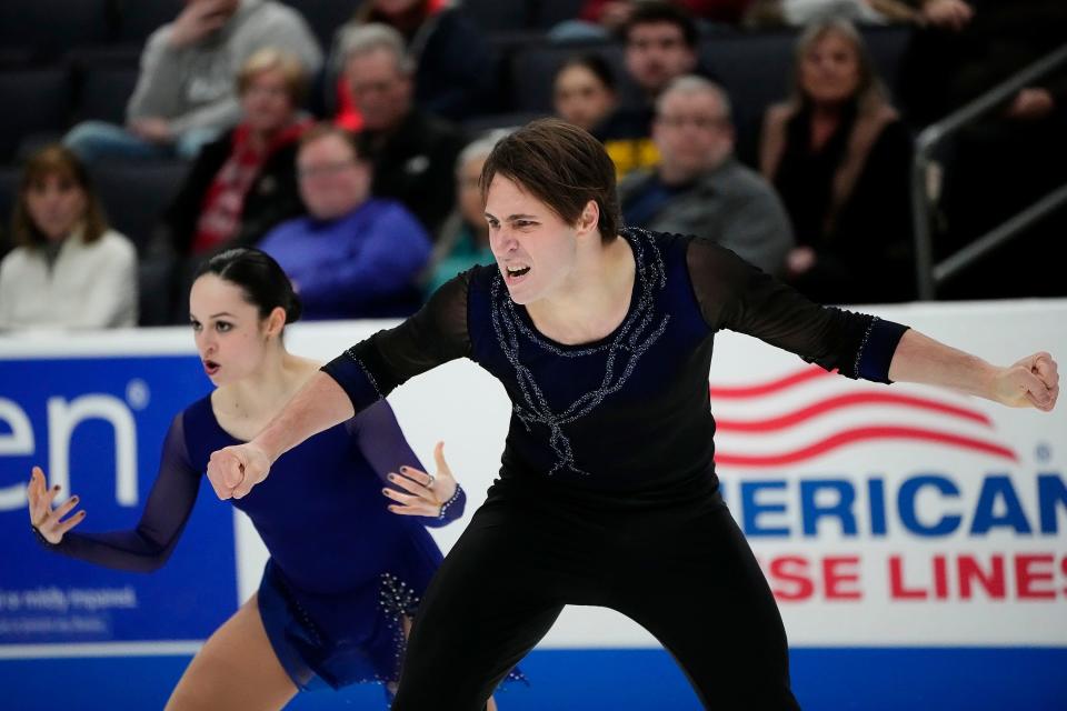 Jan 25, 2024; Columbus, Ohio, USA; Katie McBeath and Daniil Parkman skates in the championship pairs short program during the 2024 US Figure Skating Championships at Nationwide Arena. Mandatory Credit: Adam Cairns-USA TODAY Sports