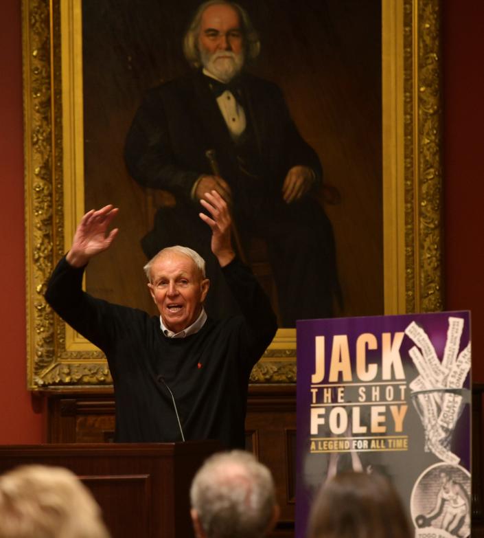 St. John's boys' basketball coach Bob Foley recalls what it was like to try and block Jack Foley while discussing Worcester author Mark Epstein's book, “Jack 'The Shot' Foley — A Legend for All Time,” Thursday at the Worcester Historical Museum.