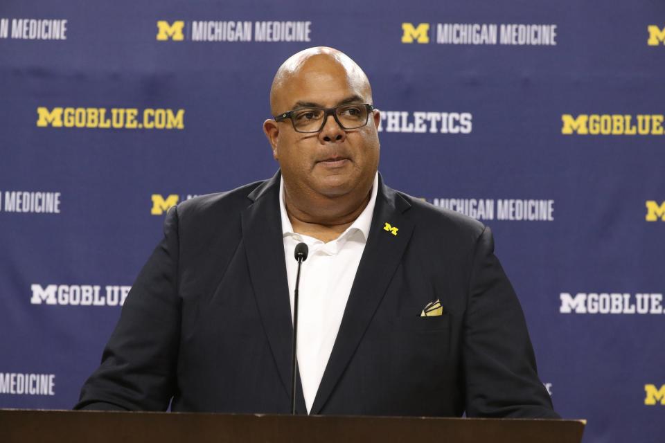 Warde Manuel takes questions about his new head basketball Juwan Howard Thursday, May 30, 2019 at the Crisler Center in Ann Arbor, Mich.