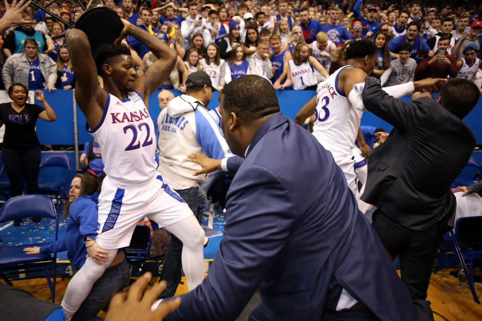 Kansas State will host Kansas on Saturday afternoon in Manhattan, the first meeting between the teams since a massive brawl broke out in their game last month.