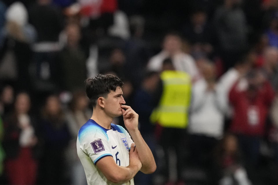 England's Harry Maguire reacts during the World Cup quarterfinal soccer match between England and France, at the Al Bayt Stadium in Al Khor, Qatar, Sunday, Dec. 11, 2022. (AP Photo/Frank Augstein)