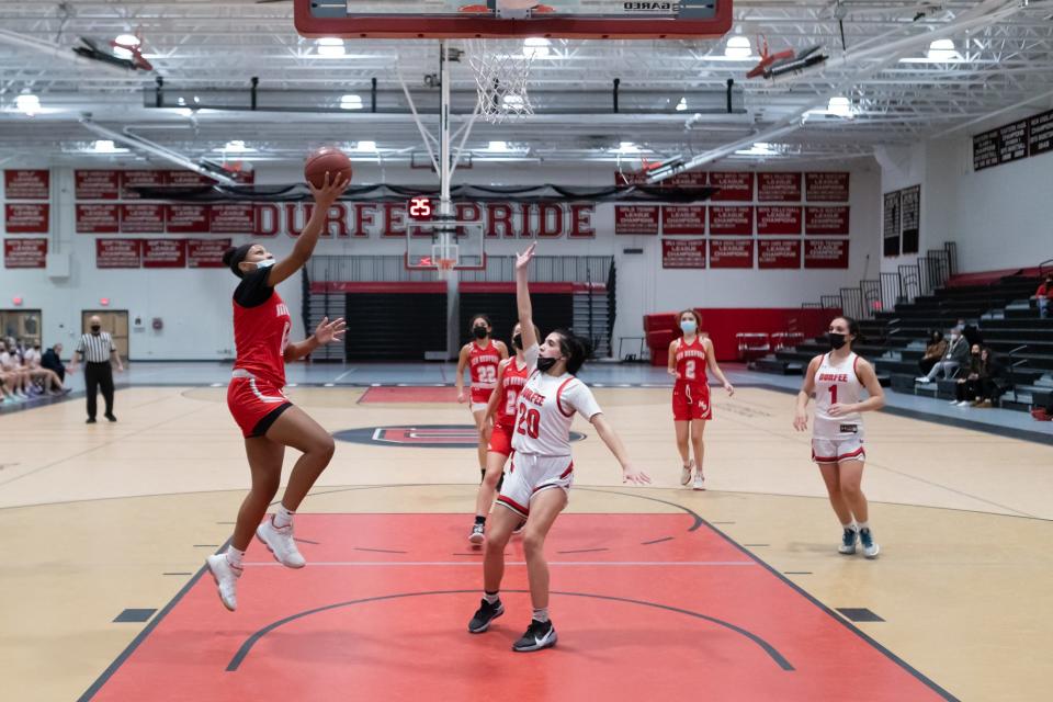 New Bedford’s Kennedy Franklin connects on a lay-up late in Wednesday’s contest against Durfee.