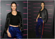 <p>El icónico pantalón de chándal de los 90 no solo vuelve a estar de moda, sino que ahora también te lo puedes poner para salir de fiesta. Alessandra combinó el suyo de Kappa con un ‘crop top’ y una cazadora de cuero. (Foto: Getty Images / AP). </p>