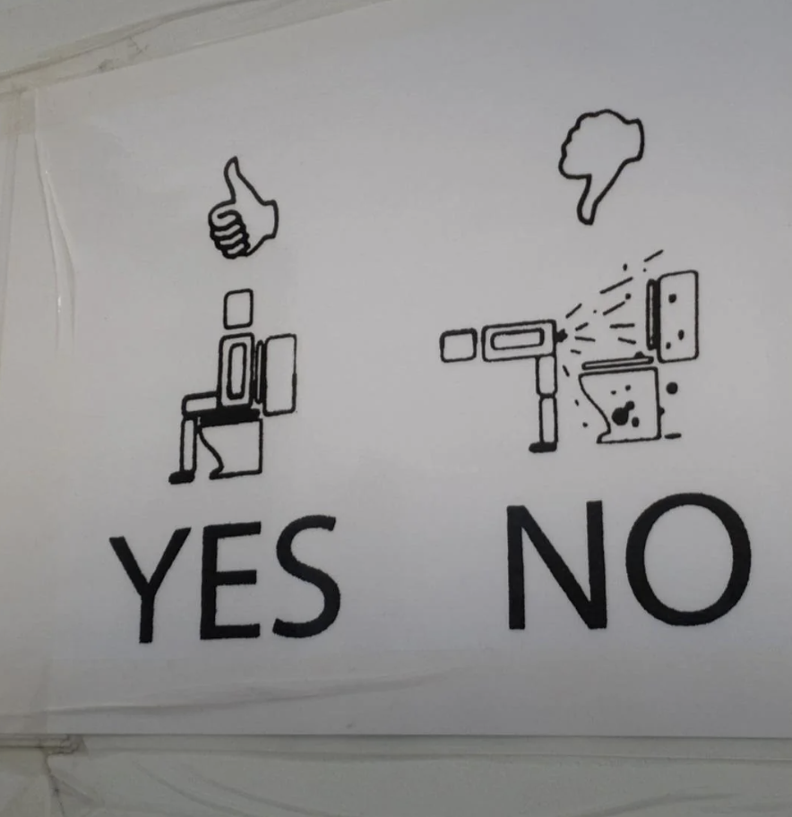 Sign with symbols indicating correct (thumbs up) and incorrect (painting over plug) electrical safety practices, with "YES" and "NO" labels