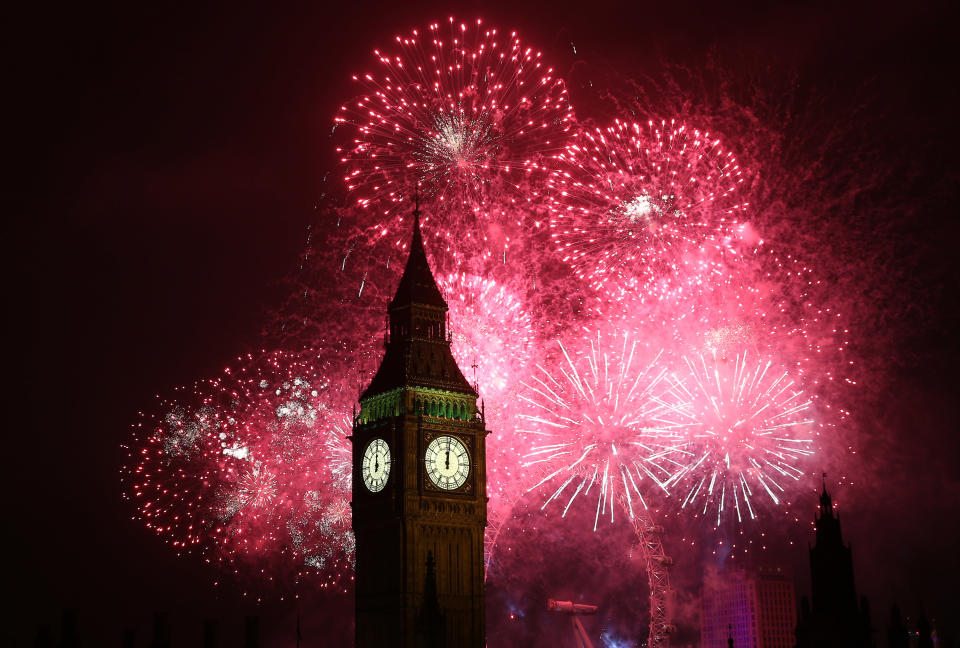 Fireworks light up the London skyline just after midnight on New Year's Eve