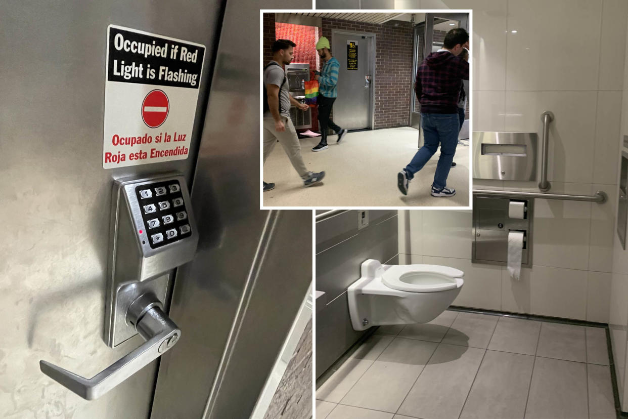 At left, pinpad on bathroom door; center inset of people walking past special access bathroom; at right, clean, single-person bathroom