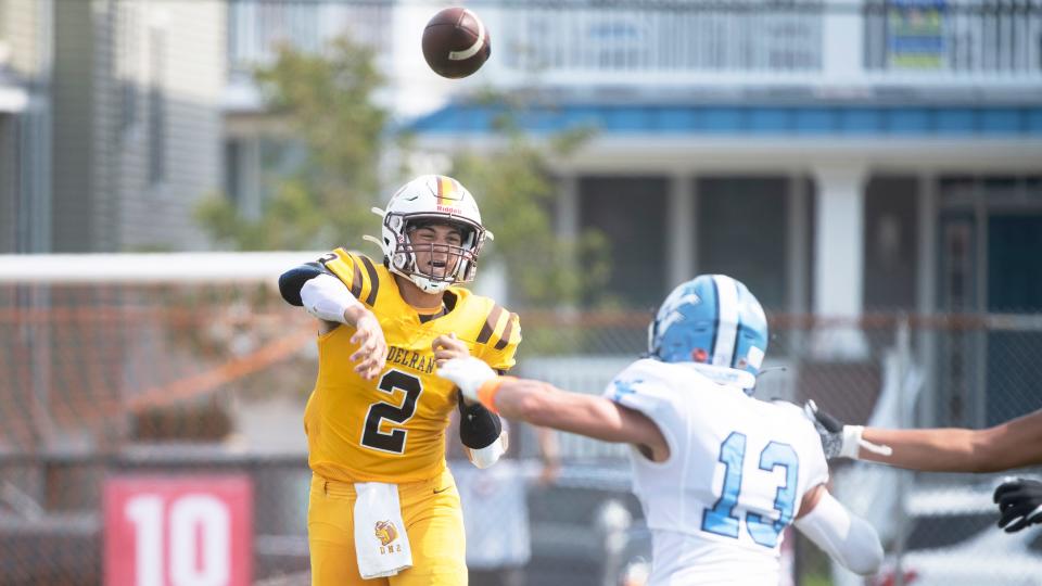 Delran's Derek Namnun throws a pass during the game between Delran and Wayne Valley played during the second annual Battle at the Beach football showcase at Ocean City High School on Saturday, August 27, 2022. 