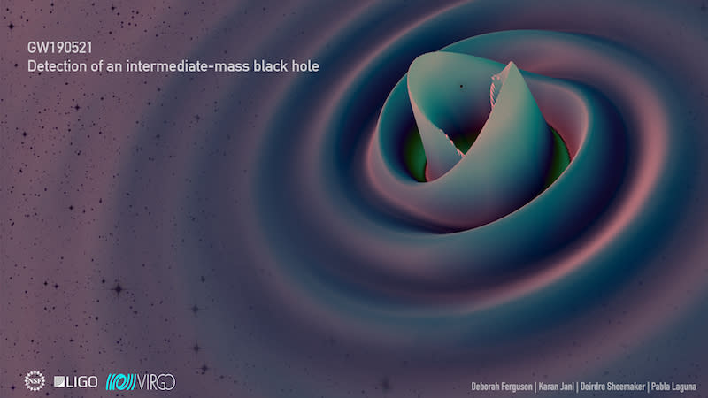 Simulation of a black hole merger event that creates a black hole with a mass 250 times that of the Sun.