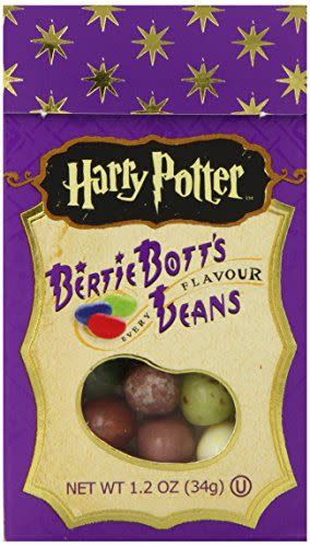 <p><strong>Jelly Belly</strong></p><p>amazon.com</p><p><strong>$7.48</strong></p><p><a href="https://www.amazon.com/dp/B0057ISDW2?tag=syn-yahoo-20&ascsubtag=%5Bartid%7C10055.g.23595566%5Bsrc%7Cyahoo-us" rel="nofollow noopener" target="_blank" data-ylk="slk:Shop Now;elm:context_link;itc:0;sec:content-canvas" class="link ">Shop Now</a></p><p>Good news: You don't have to go all the way to Honeydukes to get a taste of Bertie Bott's jelly beans. These candies aren't for the faint of heart since 40% of the jar is filled with crazy flavors (think soap and earwax), while the rest are fruity flavors.</p>