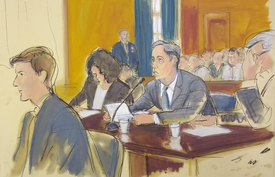 In this courtroom sketch, Michael Cohen (center) reads a statement in federal court in New York on Nov. 29, 2018. (Photo: ASSOCIATED PRESS)