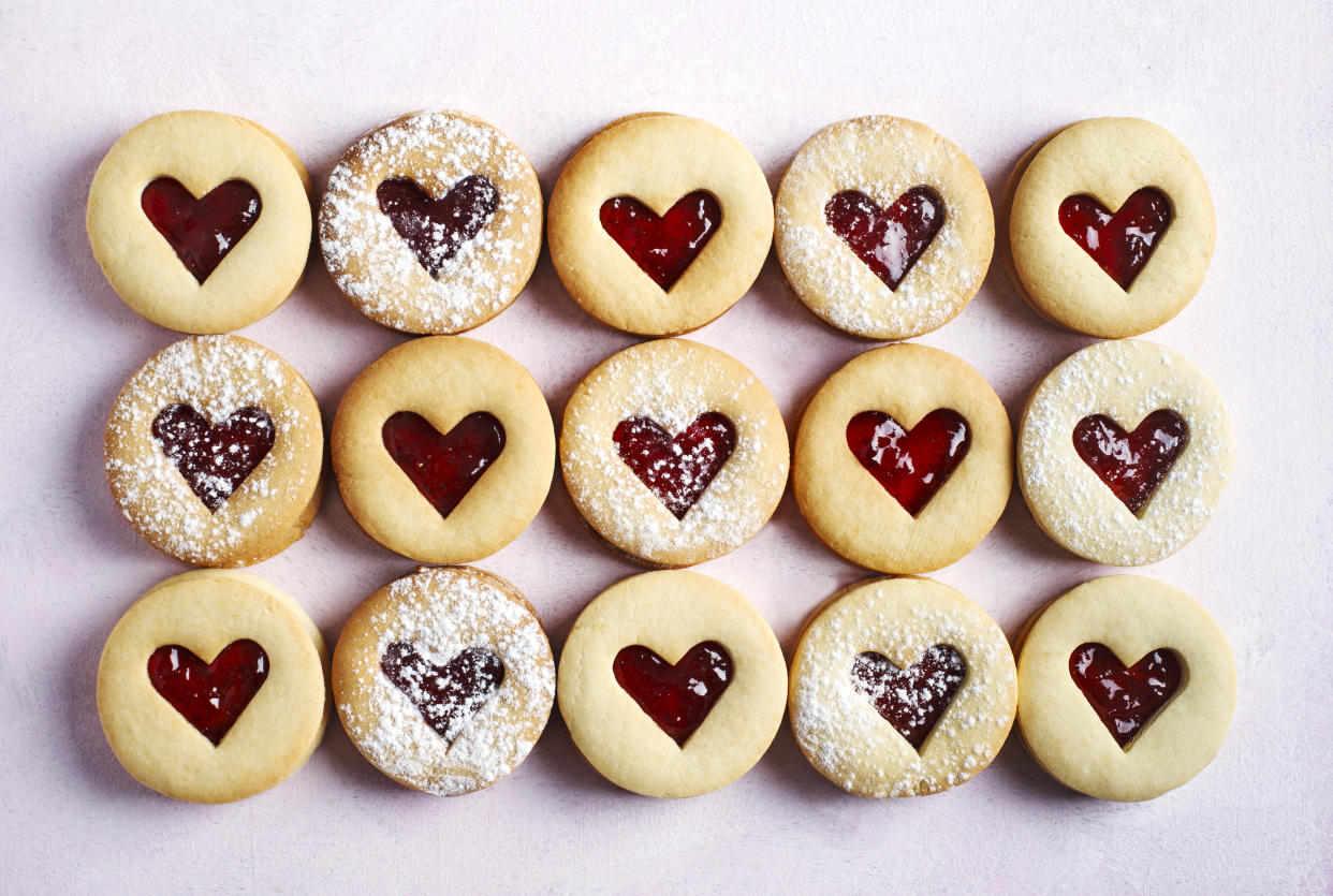 Traditional Linzer cookie with strawberry jam, top view