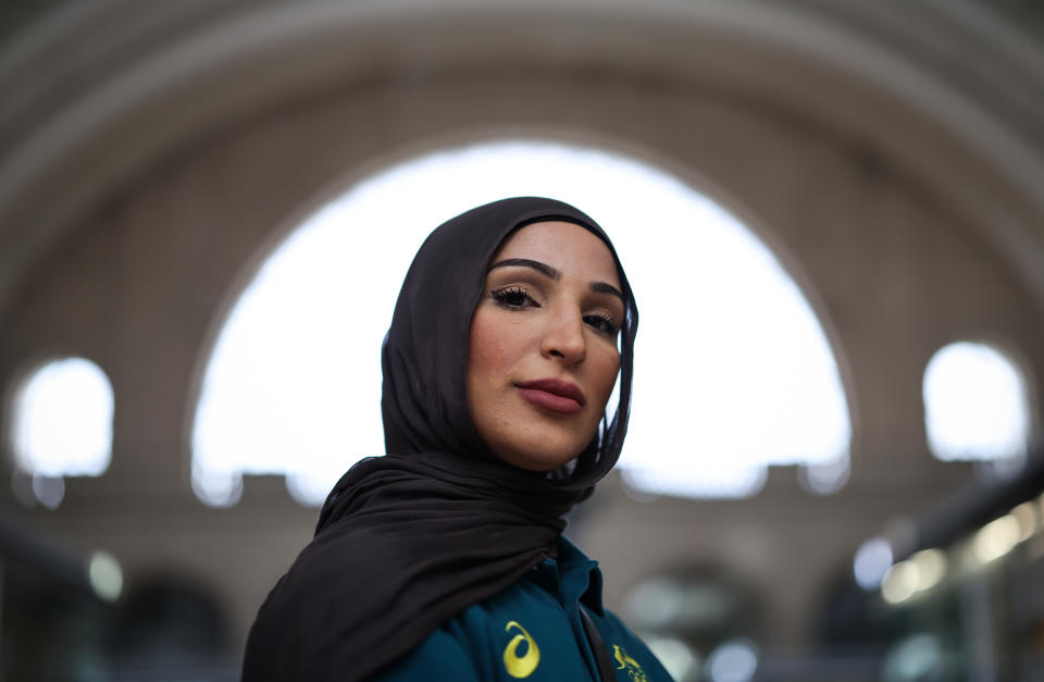 PARIS, FRANCE - JULY 23: Australian Boxer Tina Rahimi poses after arriving at Gare de'lEst ahead of the Paris 2024 Olympic Games on July 23, 2024 in Paris, France. (Photo by Ryan Pierse/Getty Images)
