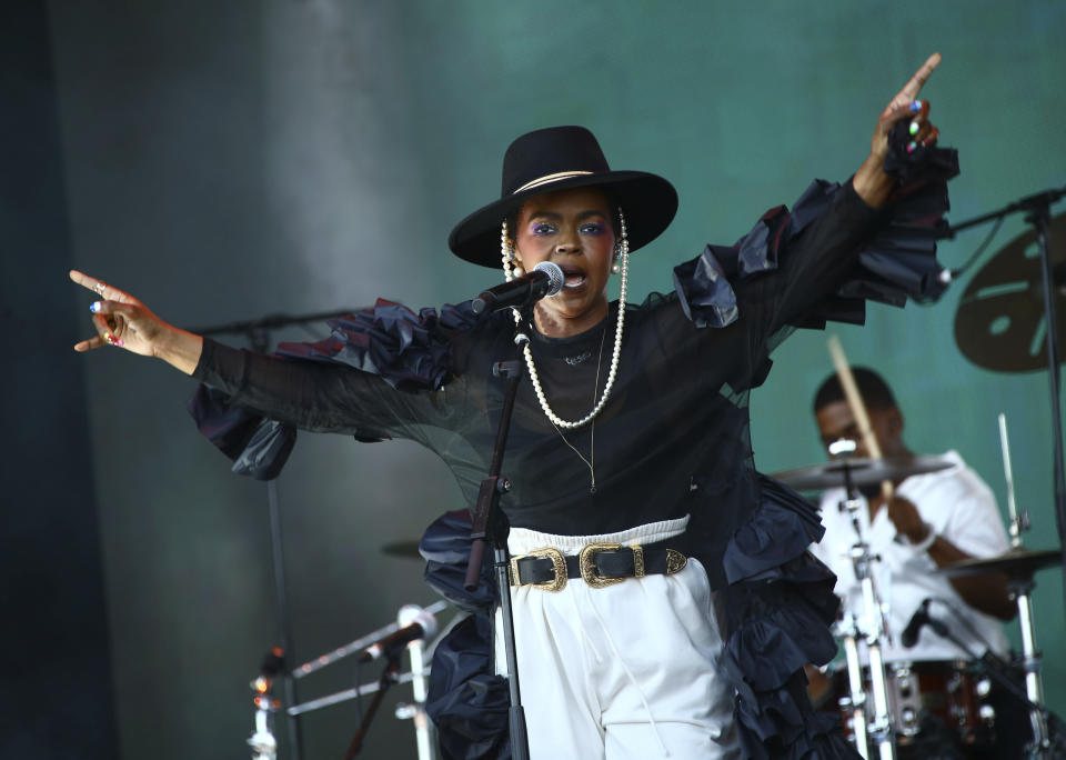 FILE - Singer Lauryn Hill performs on the Pyramid stage on the third day of the Glastonbury Festival at Worthy Farm, Somerset, England, June 28, 2019. Hip hop takes center stage at this summer’s Essence Festival of Culture as the event commemorates the 50th anniversary of the genre with performances by Hill, Megan Thee Stallion and Jermaine Dupri. The four-day festival is scheduled June 30-July 3, 2023, in New Orleans. (Photo by Joel C Ryan/Invision/AP, File)